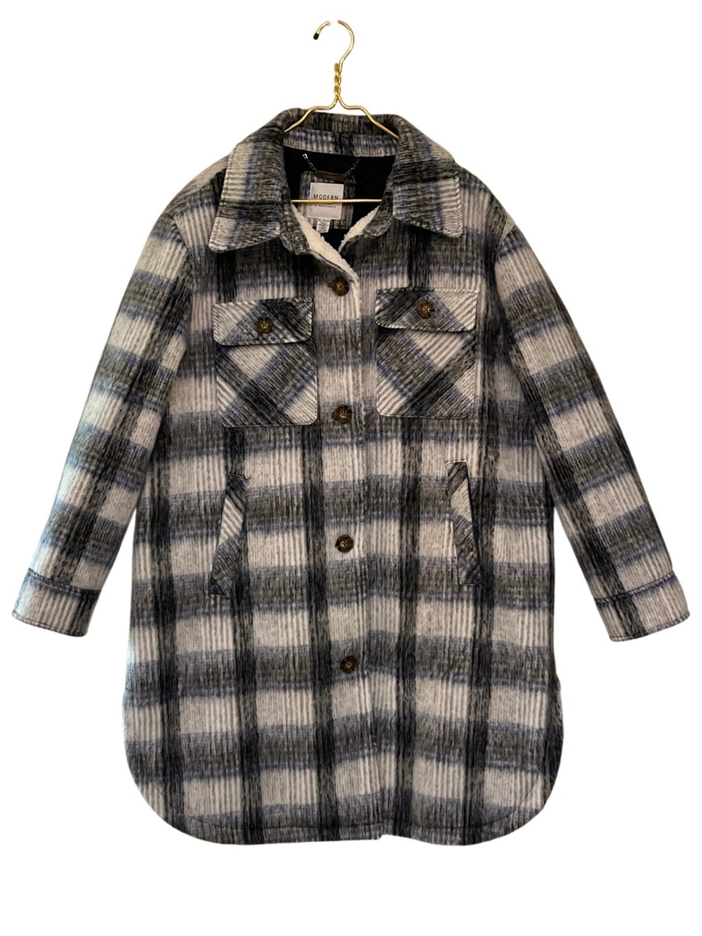 Modern Supply by Sanctuary Blue Gray Plaid Faux Wool Shacket XL - Picture 2 of 9